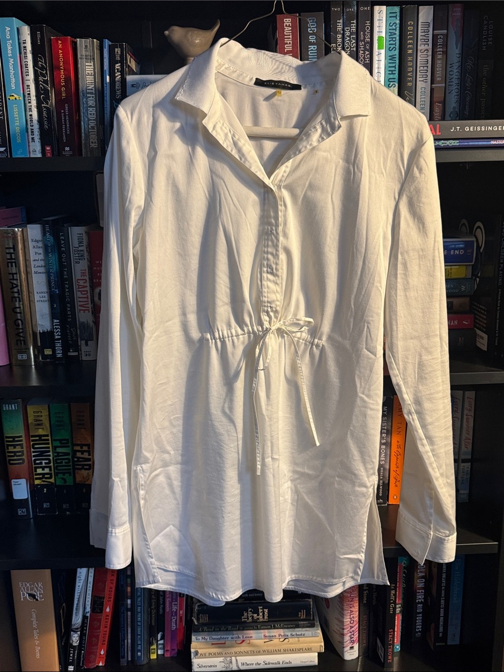 Elie Tahari White Drawstring Button-Front Casual Tunic